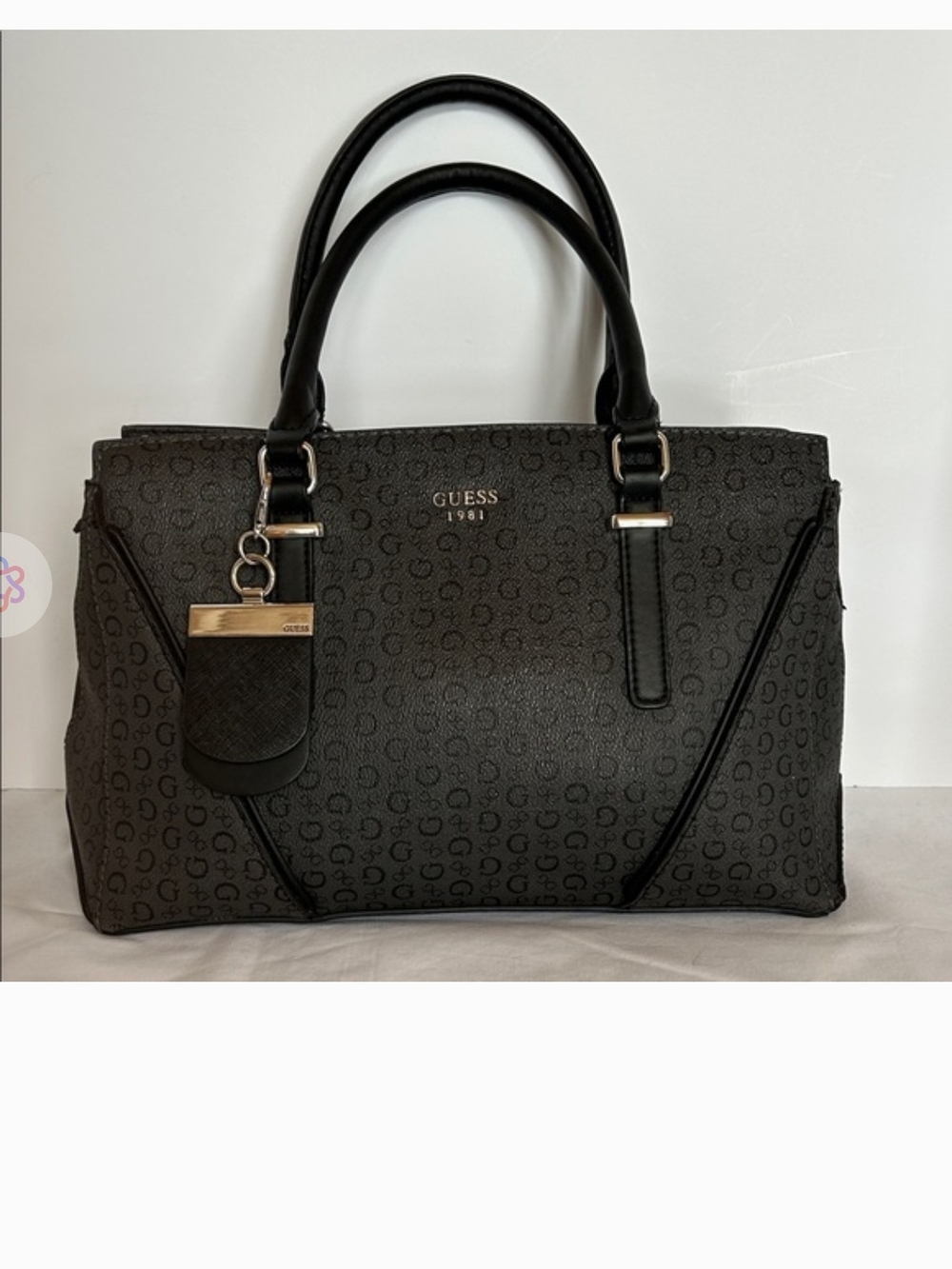 GUESS Black Logo-Print Satchel with Silver Hardware